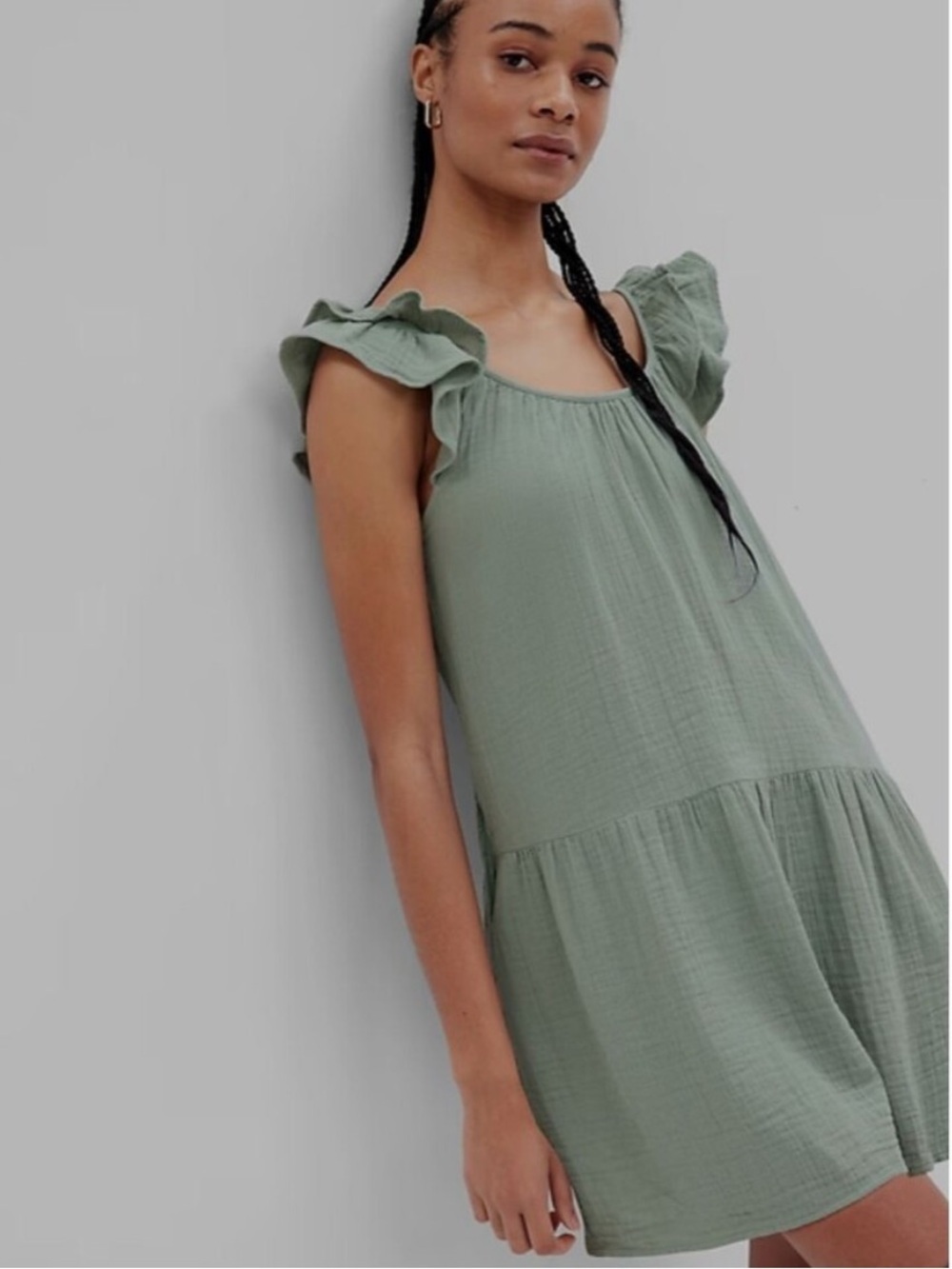 GAP Crinkle Gauze Mini Dress Women’s Size Large Tall in Sage Green has pockets!